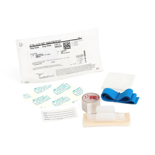 Kit IV Start, Includes: (1) 1.5mL ChloraPrep FREPP; (1) 3/4' x 18' Tape; (2) 2' x 2', 4-Ply Gauze; (1) 2 3/8' x 2 3/4' Transparent Dressing; (1) 3/4' Blue, Textured Tourniquet; (1) Change Date Label (100/CS) by Cardinal  ID 01-9000A